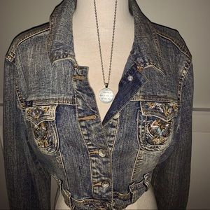R.V.T. DENIM CROPPED COLORFUL EMBELLISHED JEAN JACKET SZ SMALL. EUC